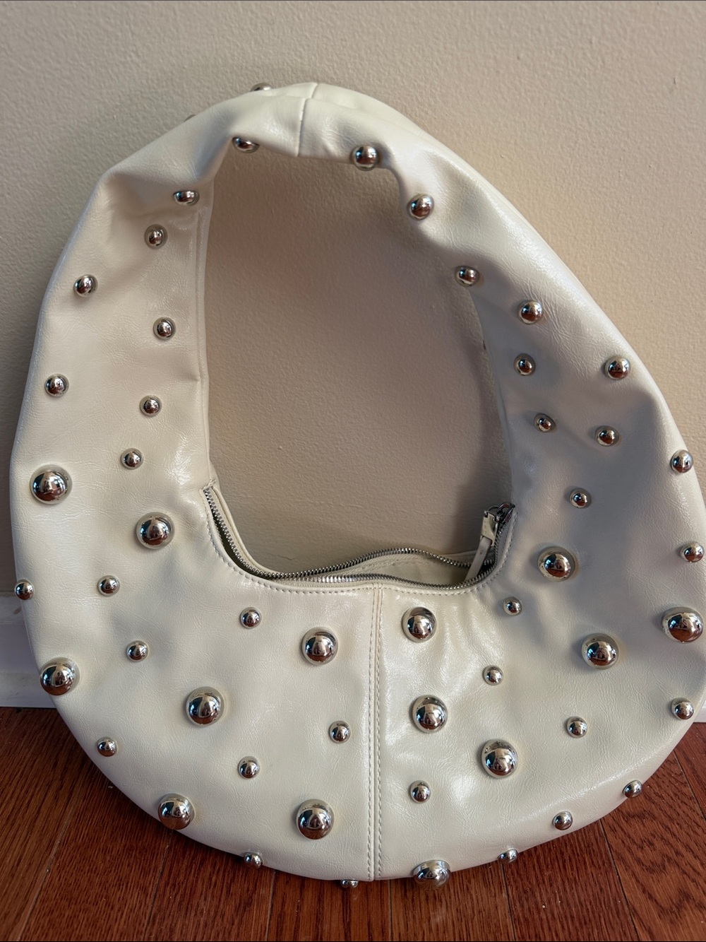 Mango White Studded Hobo Shoulder Bag